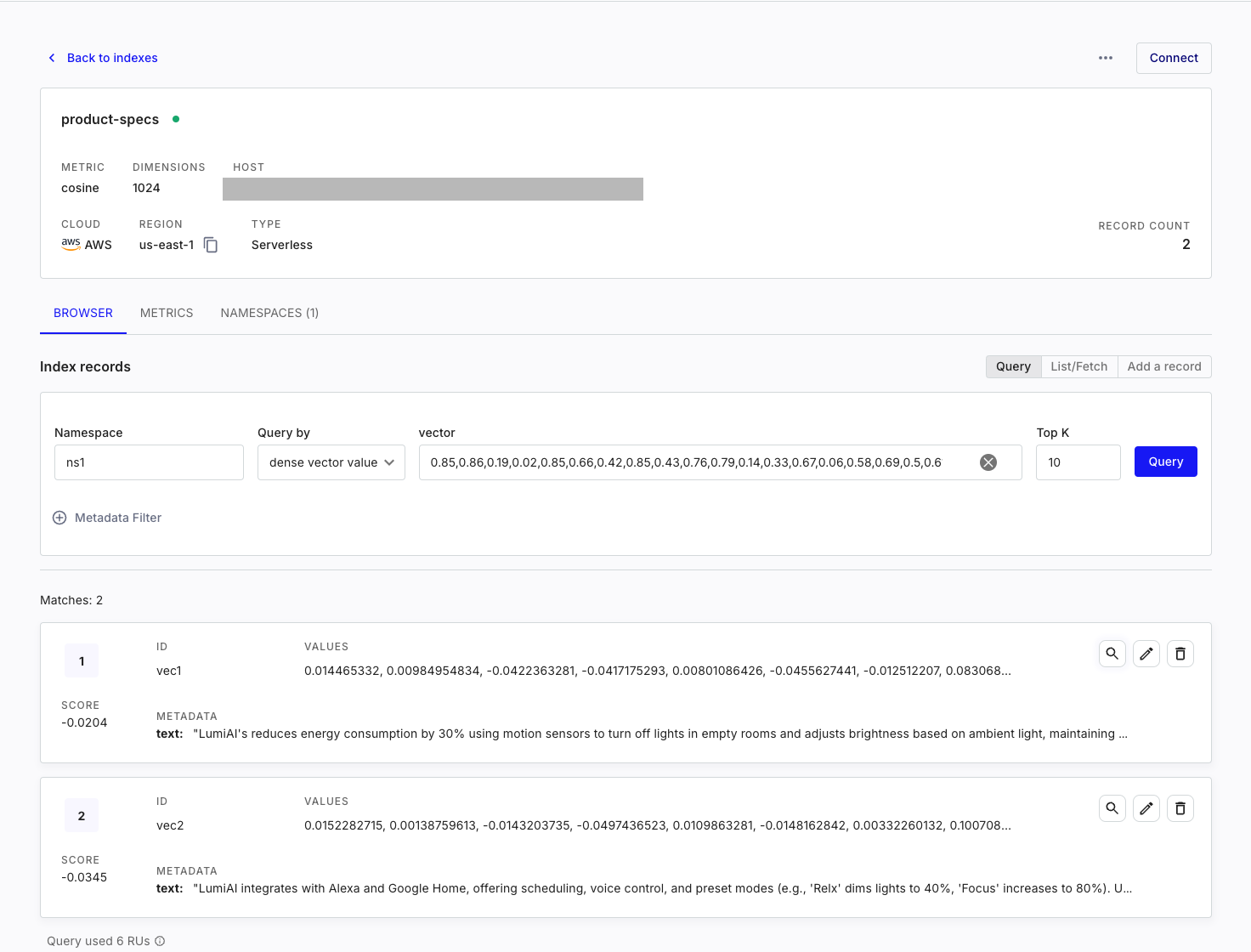 Pinecone dashboard with 2 records